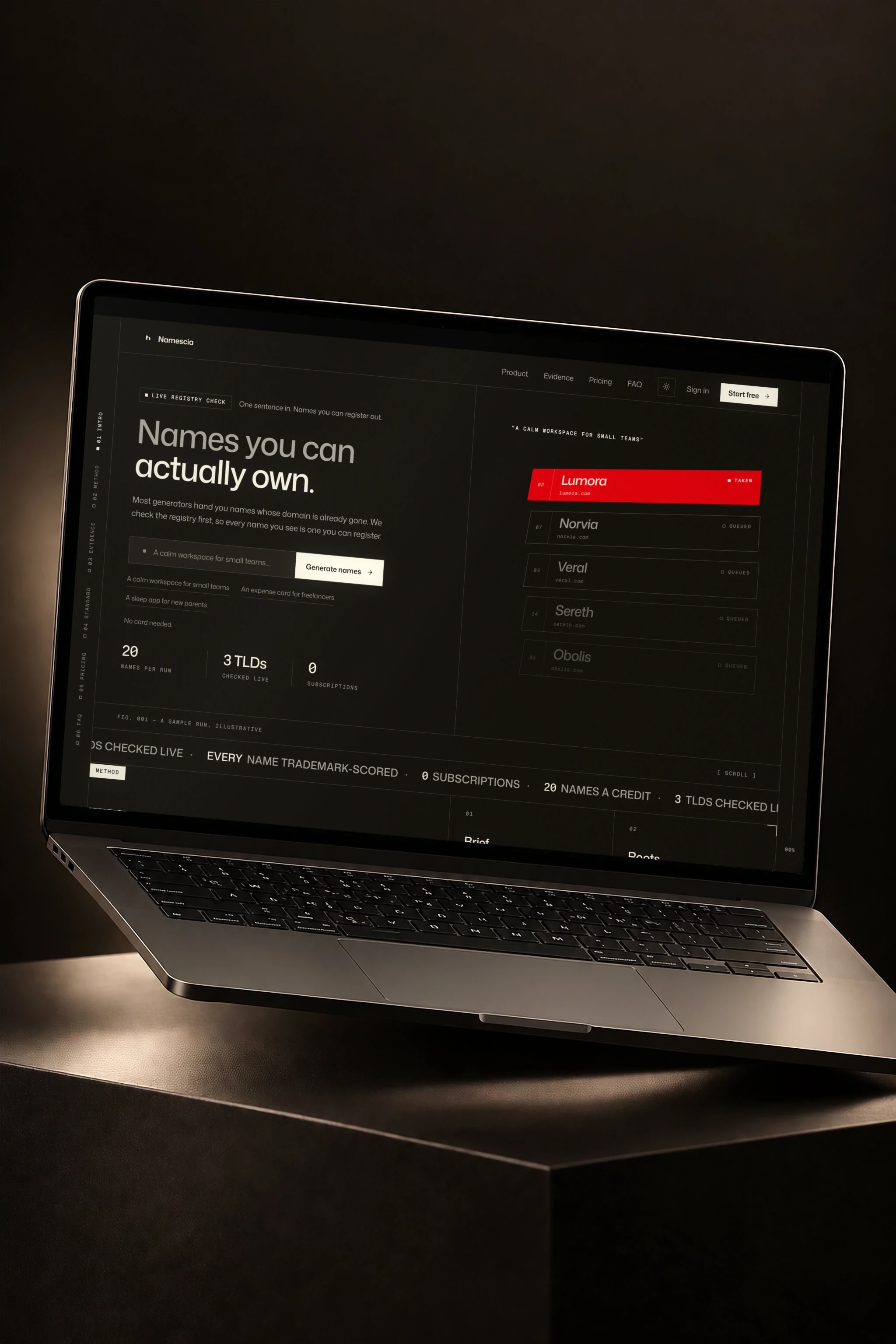 Namescia on a laptop: a stack of coined names being checked against the domain registry, one marked taken.