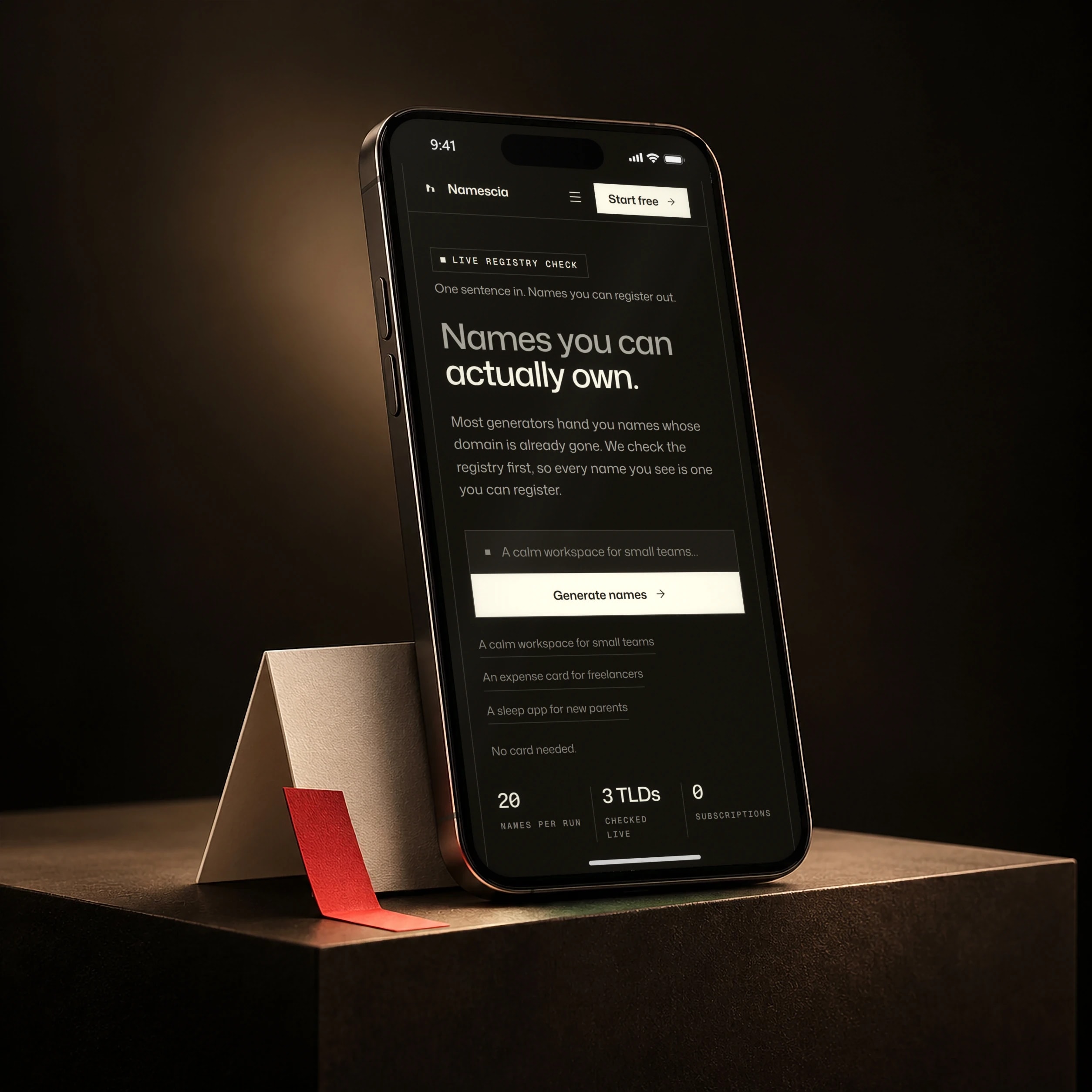 Namescia on a phone: one sentence in, names you can register out.
