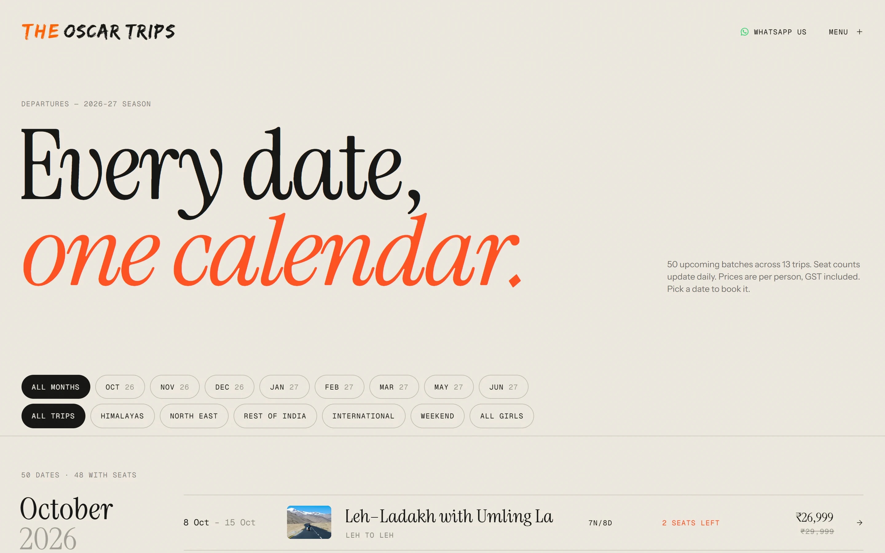 Every date, one calendar: upcoming batches by month with seats left and prices.