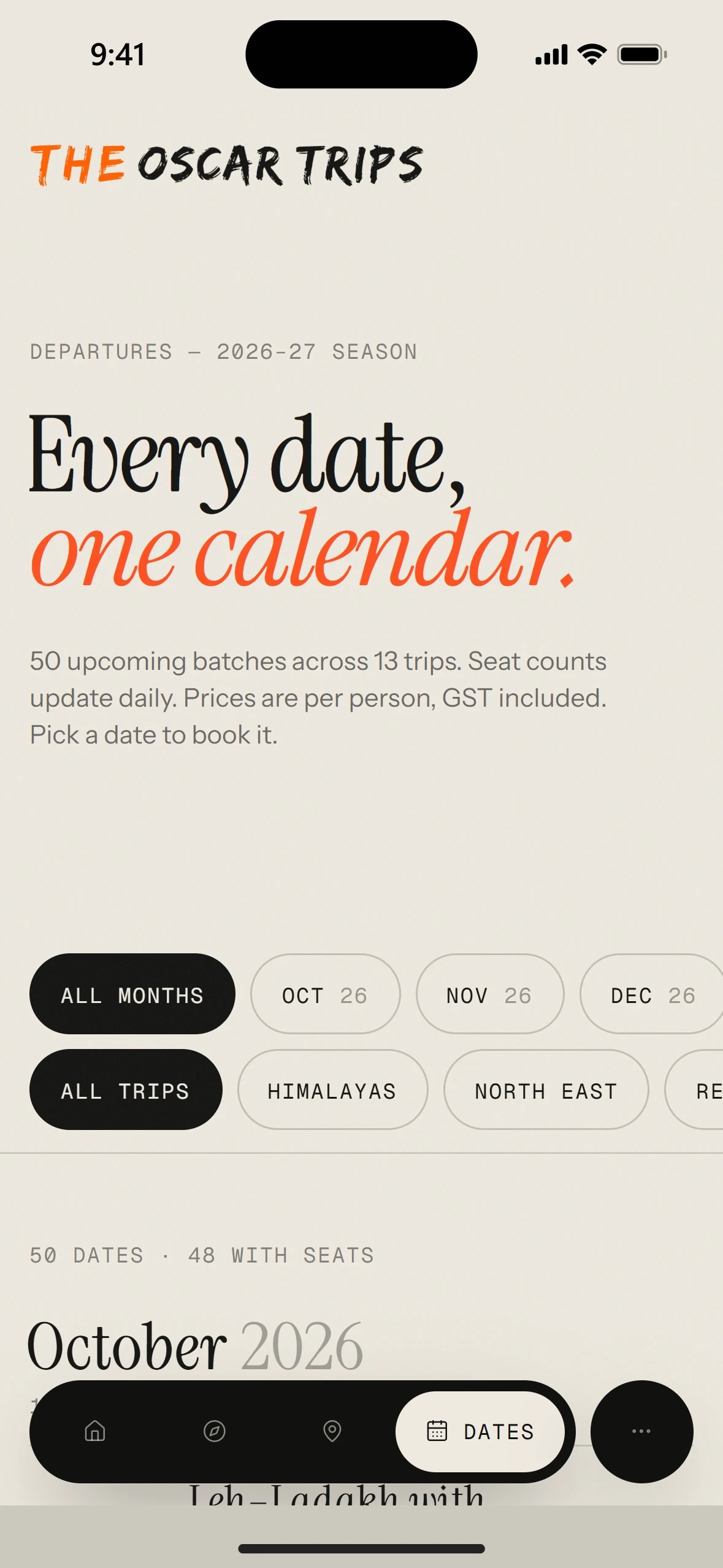 The departures calendar on a phone, filtered by month and region.