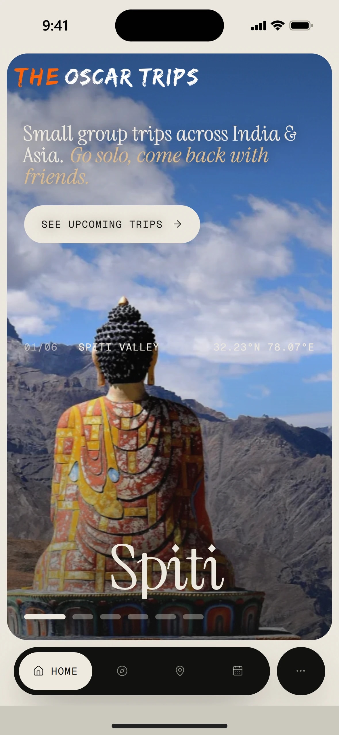 Oscar Trips home on a phone, with the bottom tab bar.