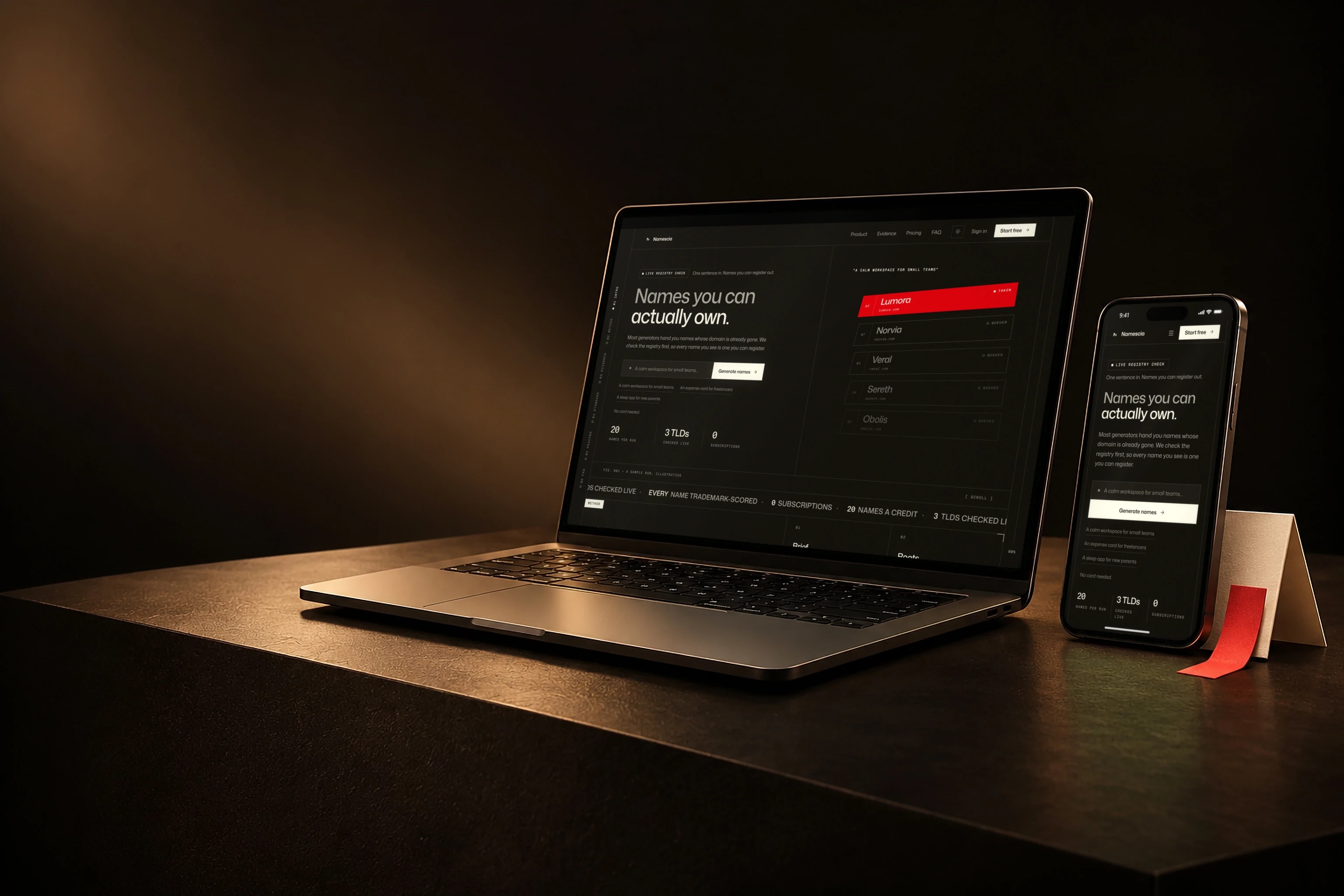 Namescia on a laptop and a phone, checking coined names against the live registry.