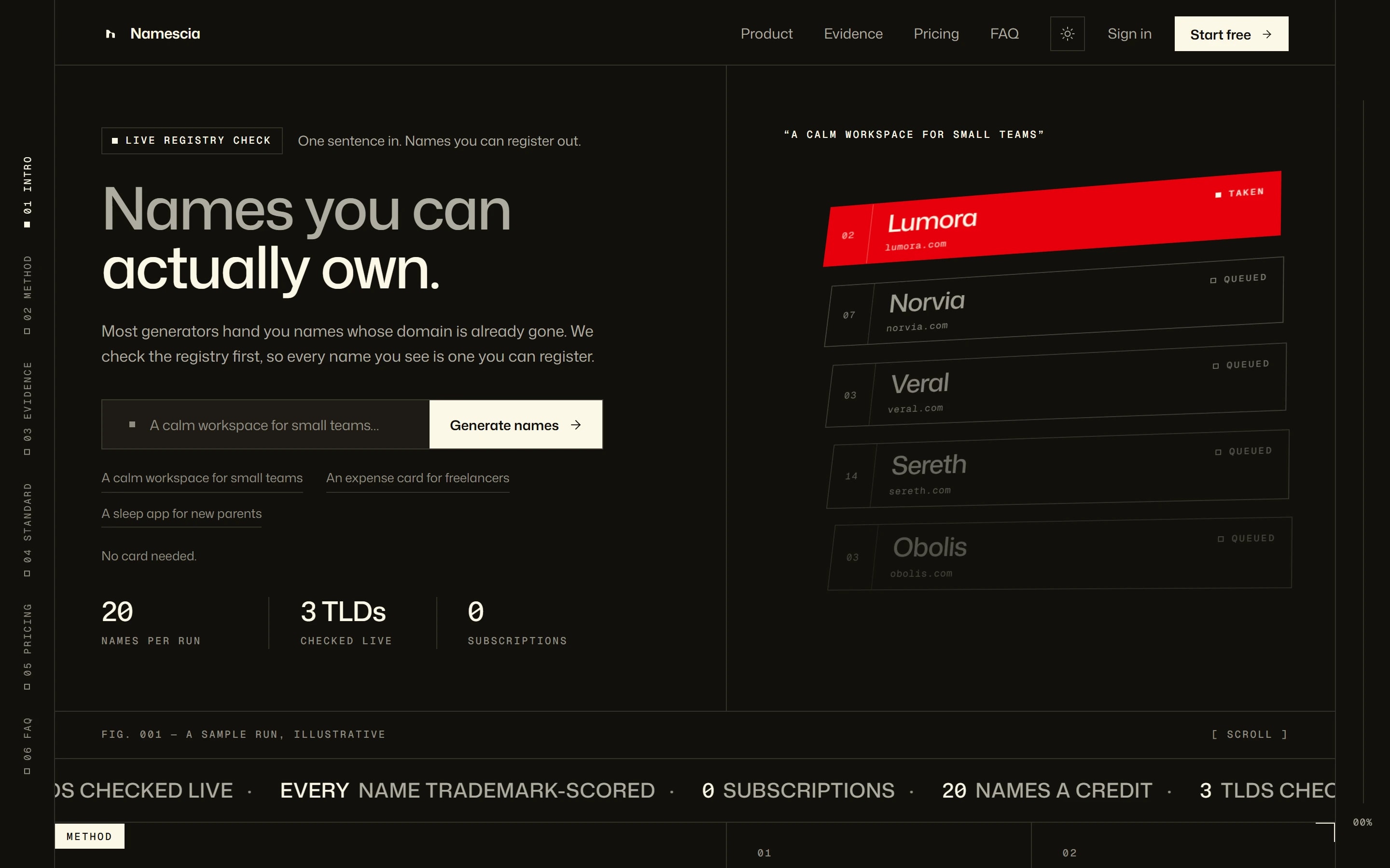 Namescia's home page: a brief box, and a stack of coined names being checked, one marked taken.