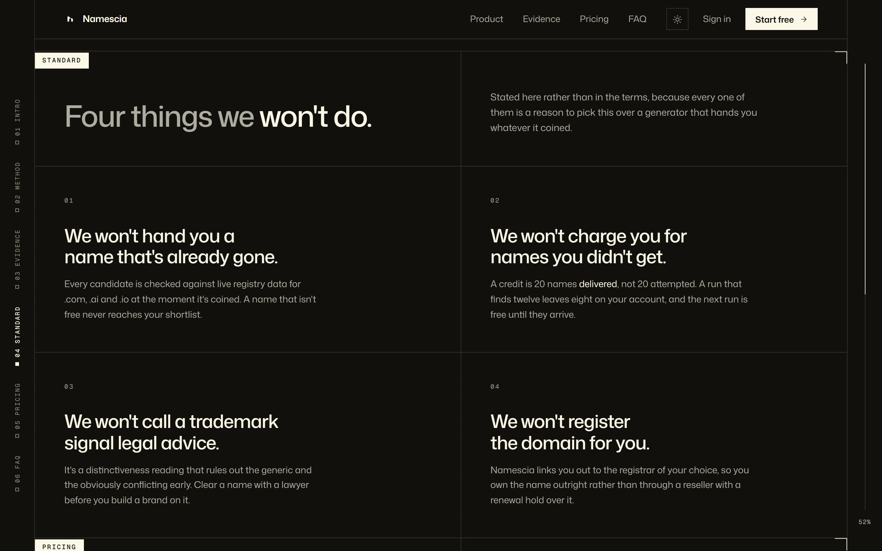 Four things Namescia won't do, stated on the page rather than in the terms.