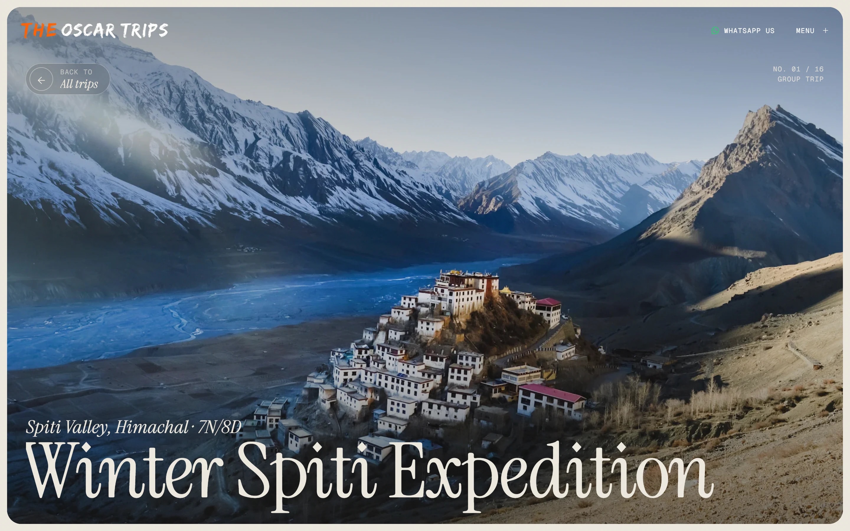 The Winter Spiti Expedition trip page, opening on Key Monastery above the Spiti river.